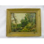 Gilt framed abstract woodland scene oil on canvas Titled 'The Fringe of the Wood' by Peter Wishart