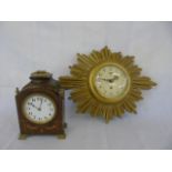 Inlaid mahogany mantle clock together with a guilded Smiths sunburst clock