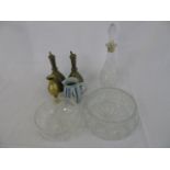 Silver collared decanter and 2 bowls , brass vases and pottery jug