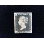 SG 2 1d. Black p1.3 (A-J)  Used copy with 4 excellent margins.  Cancelled with the lightest orange-