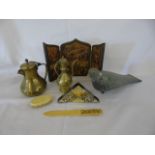 2 door icon, decoy carved wooden pigeon, 3 brass items a brush and a page turner