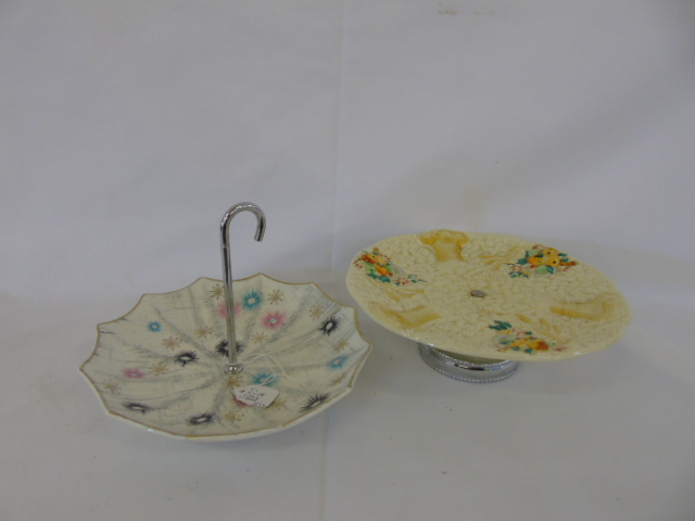 Clarice Cliff celtic harvest cake plate and a midwinter cake plate in the form of an umbrella