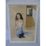 Framed original on board of a young lady squatting signed L Frosh