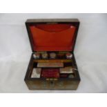 Mother of pearl inlaid rosewood ladies box complete with 8 lidded glass pots