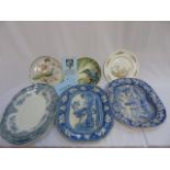 Graduated set of 3 meat plates 2 antique blue and white meat plates and 3 collectors plates