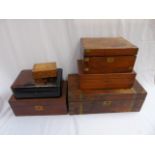 6 Antique wooden boxes to include 2 walnut and 1 mahogany writing slope and an oriental laquered