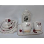 Royal Stafford rose pattern part tea set together with Royal Copenhagen porcelain jar and cover