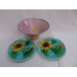 Vintage purple floral decorated Mattona ware fruit bowl and 2 antique majoliga plates depicting