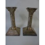 Pr of antique corinthian column plate candlesticks