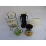 5 pottery items including an oriental form tea pot on stand, 1920's decorated vase etc