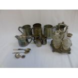 Victorian plated 4 bottle cruet together with 3 spoons, 4 tankards, pot and 3 jugs