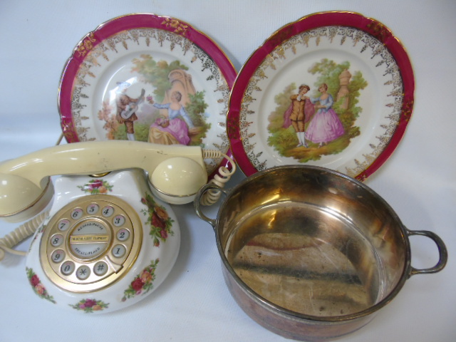 Royal Albert Old Country Roses telephone together with a plated dish and 2 decorated plates