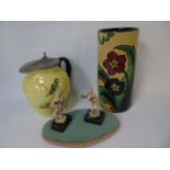 Floral decorated vase, water jug and a pair of miniature figures
