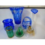 Collection of coloured cut glass to include a large blue vase, blue lamp base, blue basket and 3