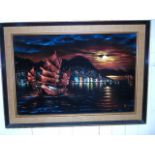 Oriental oil painting on velvet depicting junk and harbour scene approx 35" x 26"