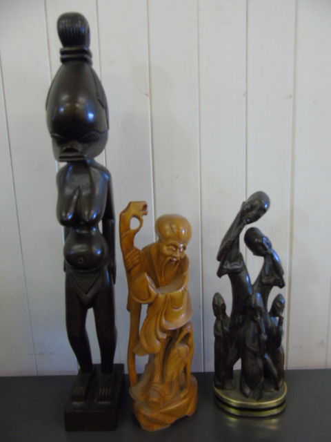 3 Carved wooden figures - 2 tribal and 1 oriental