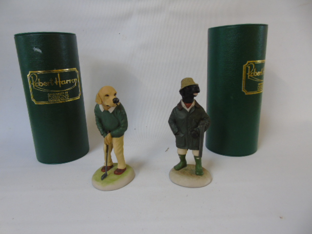 2 Robert Harrop dog figures golden retriever playing golf and a Labrador shooting