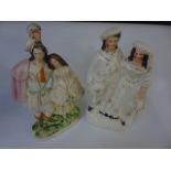 2 Staffordshire figures of courting couples and 3 Staffordshire figures on horseback