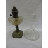 Cut glass and brass vintage oil lamp approx 12" tall and cut glass ships decanter and stopper