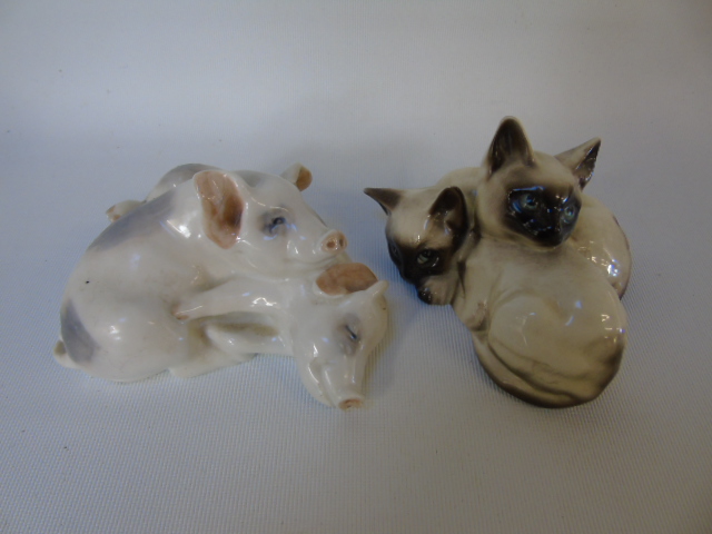 Royal Copenhagen pig figure and a Beswick Siamese cat figure