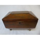 Victorian mahogany sarcophagus shaped sewing box terminating on brass ball feel approx. 7" x 11"