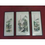 3 Oriental paintings on silk depicting village and mountain scenes 2 measure 23" x 10" the other 23"