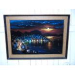 Oriental oil painting on velvet depicting a town and harbour scene approx 35" x 26"