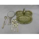 Silver plated tree foil dish with leaf design and a qty of spoons, hand mirror etc