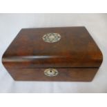 Mother of pearl inlaid walnut Victorian sewing box with purple satin interior