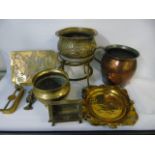 Qty of brass items including salesman's sample of antique fire and curb, large trench art vase,