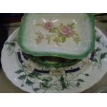 Large green and white meat plate and a pair of meat plates and other china