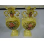 Pr of Victorian floral vases with yellow back ground approx. 16" tall