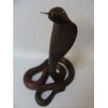 Wooden carved figure of a cobra in striking pose approx. 13"