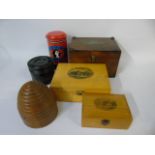 Antique mahogany box, mauchlin ware box, bee hive string dispenser and 2 other items