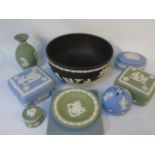 Black Wedgwood Jasper ware bowl with 4 blue and 3 green Wedgwood items