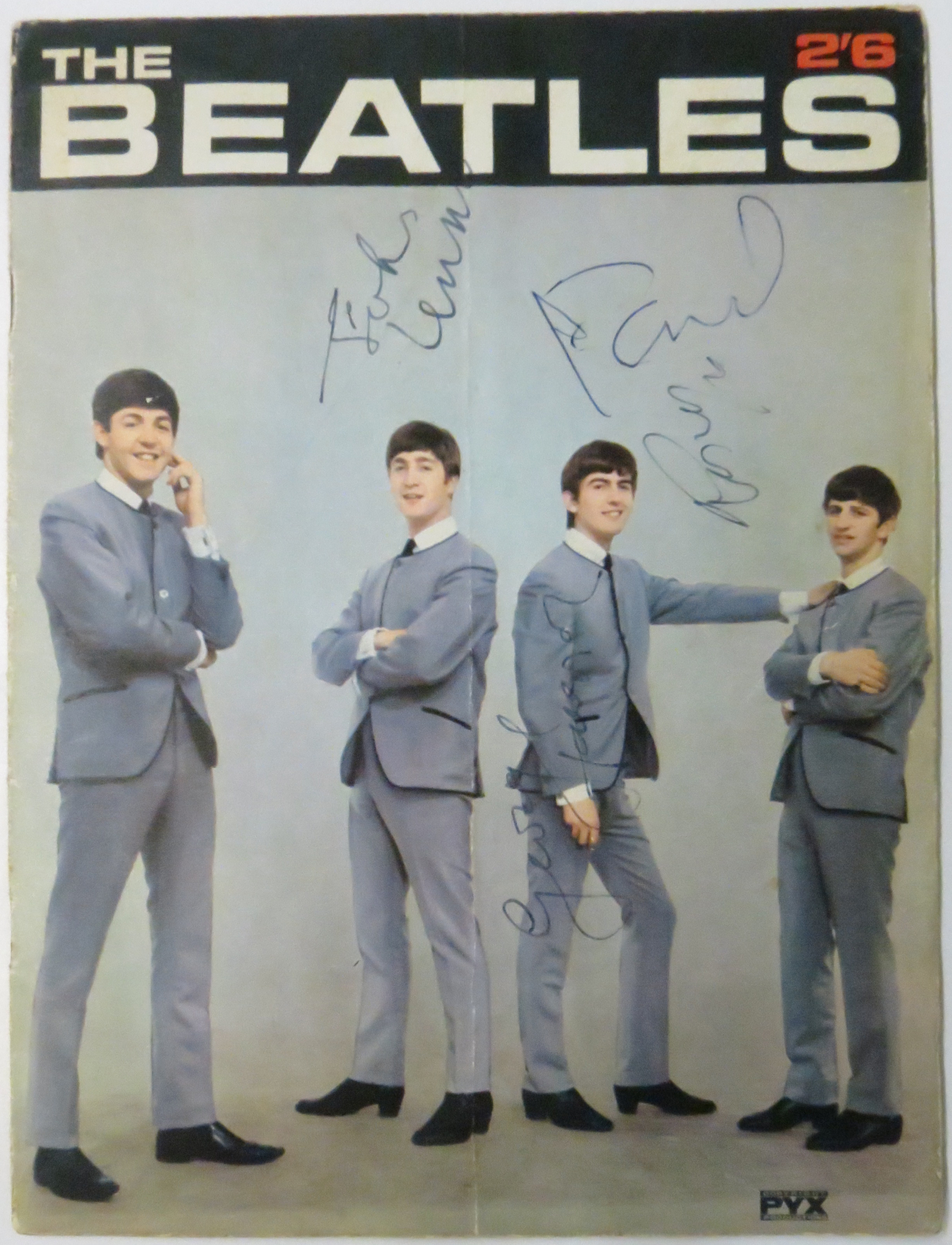 Set of Beatles signatures on the cover of PYX magazine, Paul and Ringo with first names. Framed