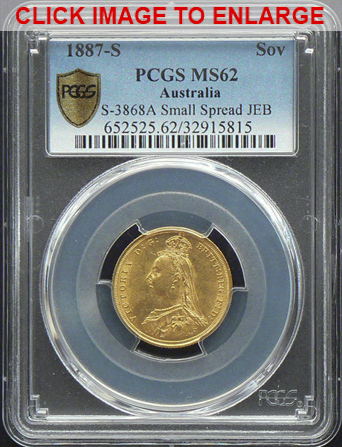 Victoria 1887-S Gold Sovereign PCGS MS62