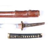 Early 20th century Japanese Katana having bronze tsuba and leather bound fish skin grip, three