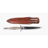 British F-S (Fairbairn Sykes) fighting style knife or stilletto complete with leather sheath,