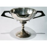 Silver two-handled trophy cup of hemispherical form on spreading foot, by Nathan & Hayes, Chester