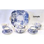 Royal Crown Derby half tea set with blue and white chinoiserie pattern comprising a teapot, sugar,