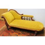 Victorian chaise longue with carved oak frame, scroll and pillared back, on short, carved and