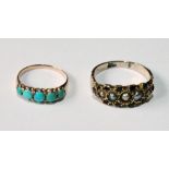 Victorian gold ring set with pearls and small emeralds and another with five turquoise.  (2)