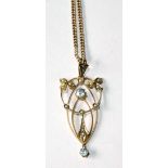 Aquamarine and pearl openwork pendant with necklet, '9ct'.