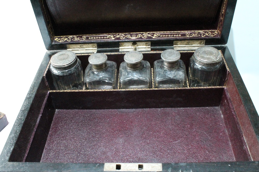 Victorian calamander wood dressing case with nine silver-mounted boxes and bottles, 1857, 30cm. - Image 5 of 10