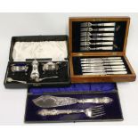 Walker & Hall three-piece condiment set, a set of six mother of pearl fruit knives and forks and a