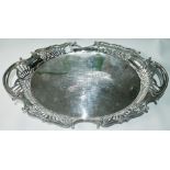 Victorian silver oval tray with pierced, scrolling border and handles, inscribed, 1899, 49.5cm,