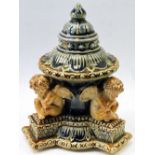 Doulton Lambeth stoneware desk ink stand by Emily E. Stormer in the form of a lidded urn supported