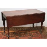 Large Victorian mahogany Pembroke table with two leaves and end drawer, on turned, legs, 122cm long
