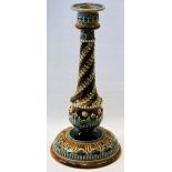 Doulton Lambeth stoneware single candlestick, possibly by Elizabeth Shelley, with twist and floral